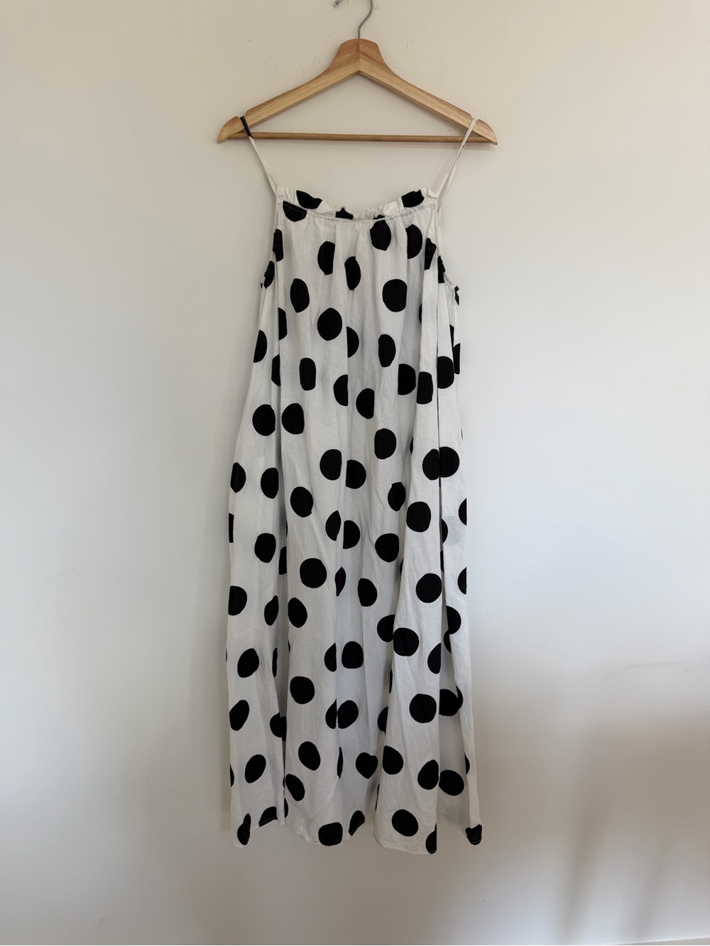 White and Black Polka Dot Midi Dress with Spaghetti Straps and pockets